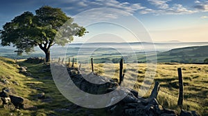 Misty Morning: Stone Fence Bordering English Countryside