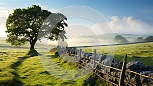 Misty Morning: Stone Wall, Fence, And Lone Tree In English Countryside