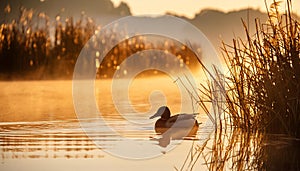 a misty morning sunrise, showcasing a duck leisurely swimming among reeds on a pond photo