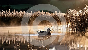 a misty morning sunrise, showcasing a duck leisurely swimming among reeds on a pond photo