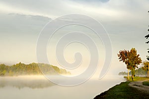 Misty morning on Uby lake, France