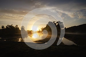 Misty morning on Uby lake, France