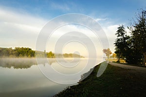 Misty morning on Uby lake, France