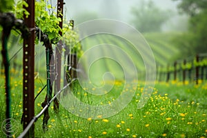 Misty morning in a vibrant vineyard with fresh spring growth