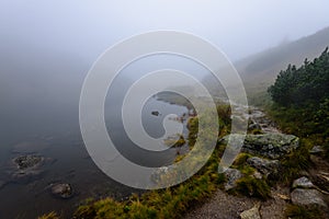 Hmlisté ranné zobrazenie v mokrej horskej oblasti v slovenských Tatrách. panoráma horského jazera. turistický turistický chodník
