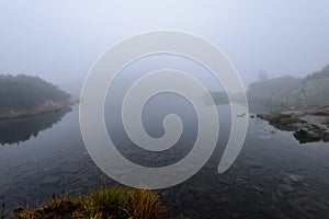 Misty morning view in wet mountain area in slovakian tatra. mountain lake panorama