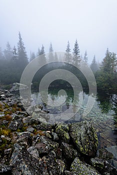 Hmlisté ranné zobrazenie v mokrej horskej oblasti v slovenských Tatrách. panoráma horského jazera