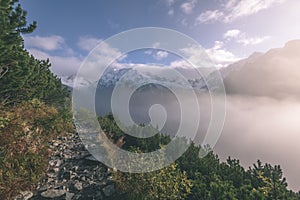 Misty morning view in wet mountain area in slovakian tatra. tour