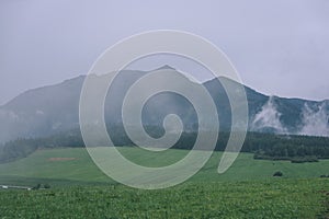 Misty morning view in wet mountain area in slovakian tatra - vintage film look