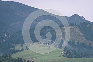 Misty morning view in wet mountain area in slovakian tatra - vintage film look