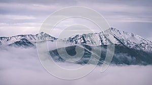 Misty morning view in wet mountain area in slovakian tatra - vintage film look