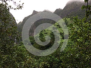 Misty Mountain Cliffs near Hanakapiai Falls along NaPali Coast on Kauai Island, Hawaii.