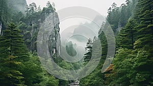 Misty Mountain Creek Overhangs In Japanese-style Landscape