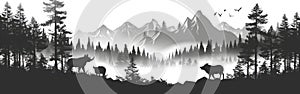 Misty Mountain Forest Adventure: Silhouette of Wild Boar Family, Fir Trees, and Panoramic Wildlife Landscape Illustration Icon