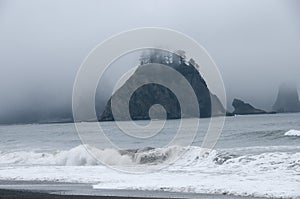 Misty Mountain with Forest on the seashore at Rialto Beach. Olympic National Park, WA