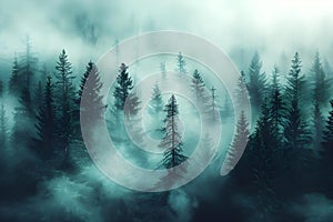 Misty Mountain Forest: A Vintage-Style Scene with Pine Trees and Foggy Clouds. Concept Nature