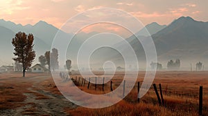 Misty mountain landscape with farmhouses and fences in the altai region at sunrise during autumn photo