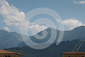 Misty mountain landscape with fir forest. Beautiful landscape with mountain view, cable car