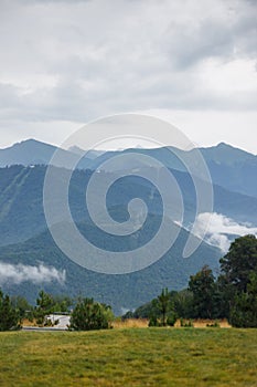 Misty mountain landscape with fir forest. Beautiful landscape with mountain view, cable car. Postcard view