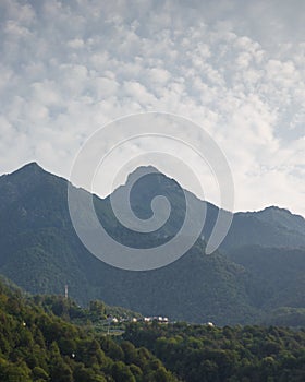 Misty mountain landscape with fir forest. Beautiful landscape with mountain view, cable car. Postcard view. Travel concept