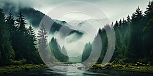 Misty mountain landscape with fir forest and river in vintage retro style. Generative AI