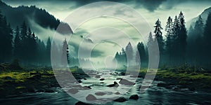 Misty mountain landscape with fir forest and river in vintage retro style. Generative AI