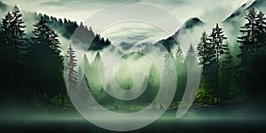 Misty mountain landscape with fir forest and river in vintage retro style. Generative AI