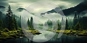 Misty mountain landscape with fir forest and river in vintage retro style. Generative AI