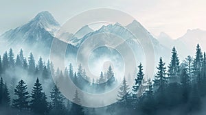 Misty mountain landscape with fir forest in vintage retro style
