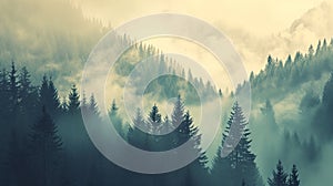 Misty mountain landscape with fir forest in vintage retro style