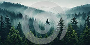 Misty mountain landscape with fir forest in vintage retro style. Generative AI