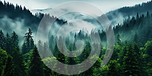 Misty mountain landscape with fir forest in vintage retro style. Generative AI