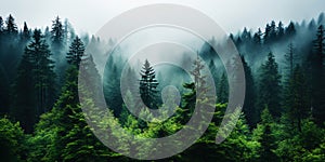 Misty mountain landscape with fir forest in vintage retro style. Generative AI