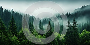 Misty mountain landscape with fir forest in vintage retro style. Generative AI