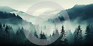 Misty mountain landscape with fir forest in vintage retro style. Generative AI