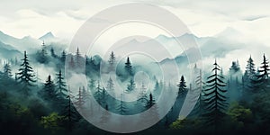 Misty mountain landscape with fir forest in vintage retro style. Generative AI