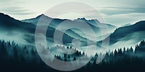 Misty mountain landscape with fir forest in vintage retro style. Generative AI