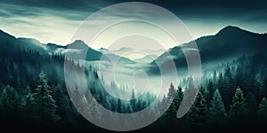 Misty mountain landscape with fir forest in vintage retro style. Generative AI