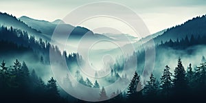 Misty mountain landscape with fir forest in vintage retro style. Generative AI