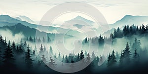 Misty mountain landscape with fir forest in vintage retro style. Generative AI