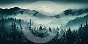 Misty mountain landscape with fir forest in vintage retro style. Generative AI