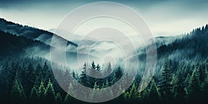 Misty mountain landscape with fir forest in vintage retro style. Generative AI