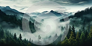 Misty mountain landscape with fir forest in vintage retro style. Generative AI