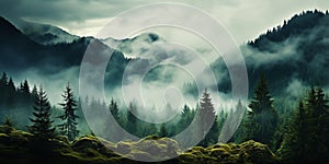 Misty mountain landscape with fir forest in vintage retro style. Generative AI