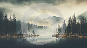 Misty mountain landscape the forest with lake morning, generative AI