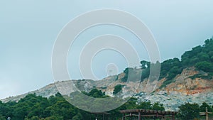 Misty mountain landscape with lush greenery and overcast sky