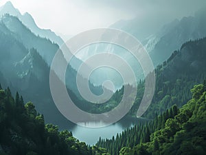 Misty Mountain Landscape with Serene Lake