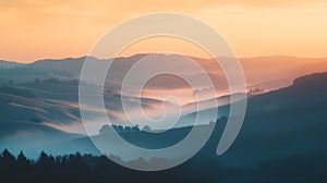 Misty mountain landscape at sunrise with soft light creating a serene and peaceful scene