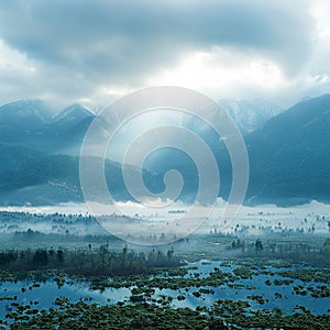 Misty mountain landscape veiled in fog, ethereal and enchanting