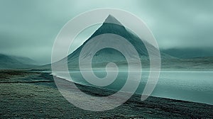 Misty mountain peak overlooking tranquil lake